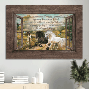 Christian Landscape Poster: Running Horses Flower Field Blue Butterfly Wooden Cross - Gift for Christian Home Decor - Amazing Grace Wall Art