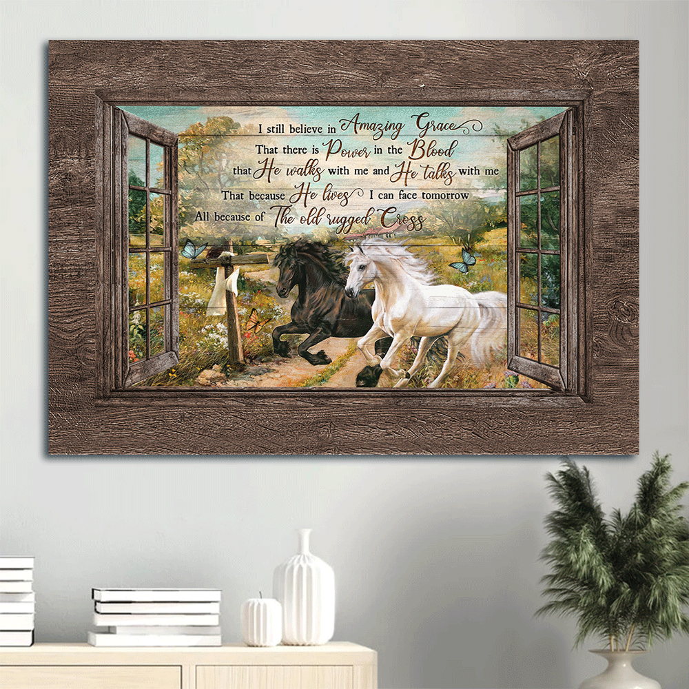 Christian Landscape Poster: Running Horses Flower Field Blue Butterfly Wooden Cross – Gift for Christian Home Decor – Amazing Grace Wall Art Christian Landscape Poster: Running Horses Flower Field Blue Butterfly Wooden Cross – Gift for Christian Home Decor – Amazing Grace Wall Art