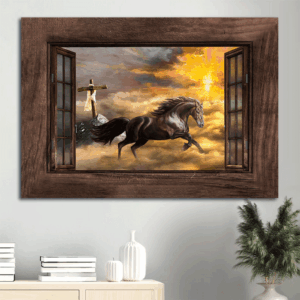 Christian Home Decor: Jesus Landscape Poster with Running Horse and Wooden Cross - Gift for Christian Wall Art