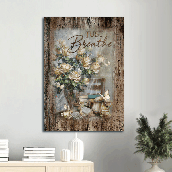 Christian Home Decor Gift: Jesus Portrait Poster with Antique Painting and Just Breathe  Poster Home Decor Gift