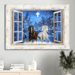 Christian Landscape Poster: Running Horses Blue Night Crystal Cross Winter Forest  Poster Home Decor Gift - Unique Home Decor Gift