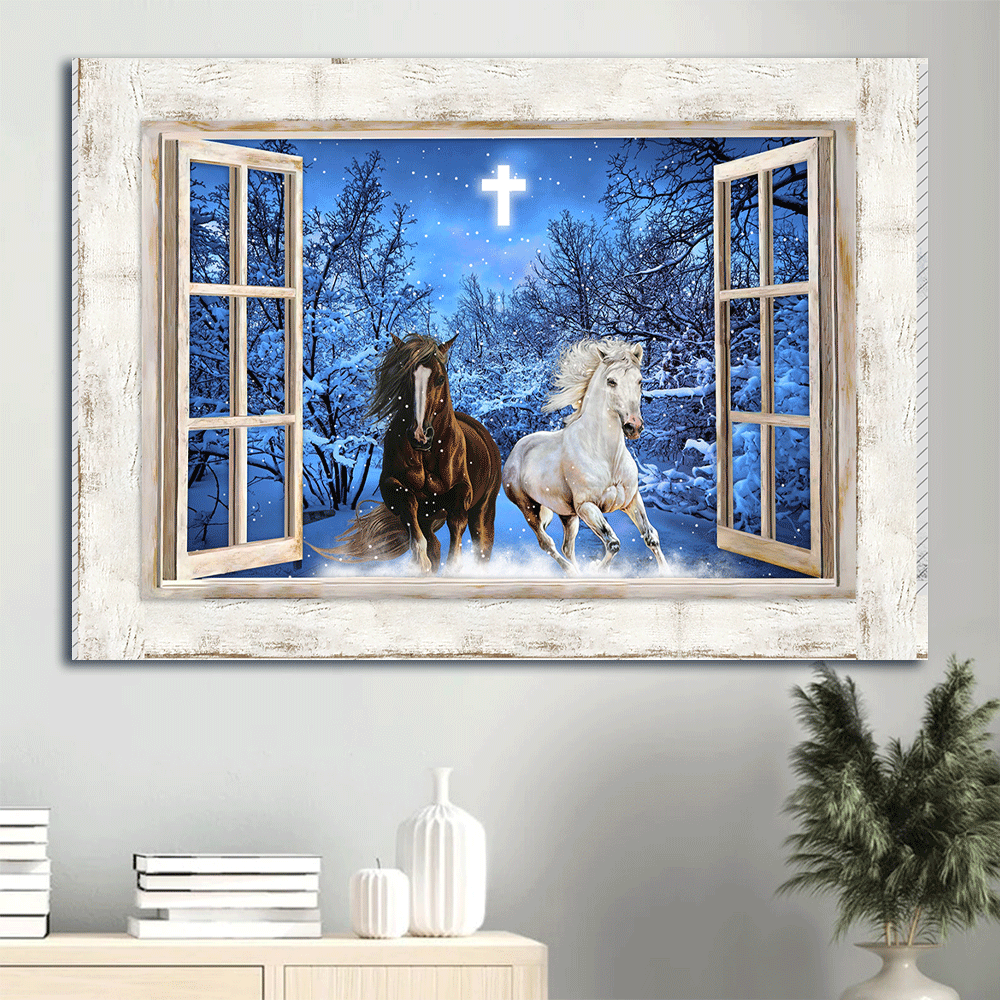 Christian Landscape Poster: Running Horses Blue Night Crystal Cross Winter Forest Poster Home Decor Gift – Unique Home Decor Gift Christian Landscape Poster: Running Horses Blue Night Crystal Cross Winter Forest Poster Home Decor Gift – Unique Home Decor Gift
