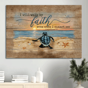 Jesus Landscape Poster: Sea Turtle & Beach Painting Gift for Christian - Faithful Wall Art