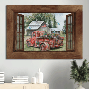 Vintage Jesus Landscape Poster Home Decor Gift - Red Truck Painting Green Meadow Blue Butterfly - Christian Farm Wall Art