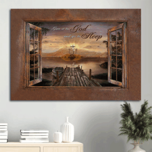 Jesus Landscape Poster: River Painting & Rugged Crosses Christian Wall Art Gift for Home Decor - Give it to God and Sleep Peacefully