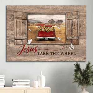 Vintage Jesus Landscape Poster: Red Truck Painting & Countryside Wall Art Gift for Christian