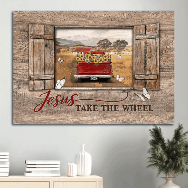 Vintage Jesus Landscape Poster: Red Truck Painting & Countryside Wall Art Gift for Christian