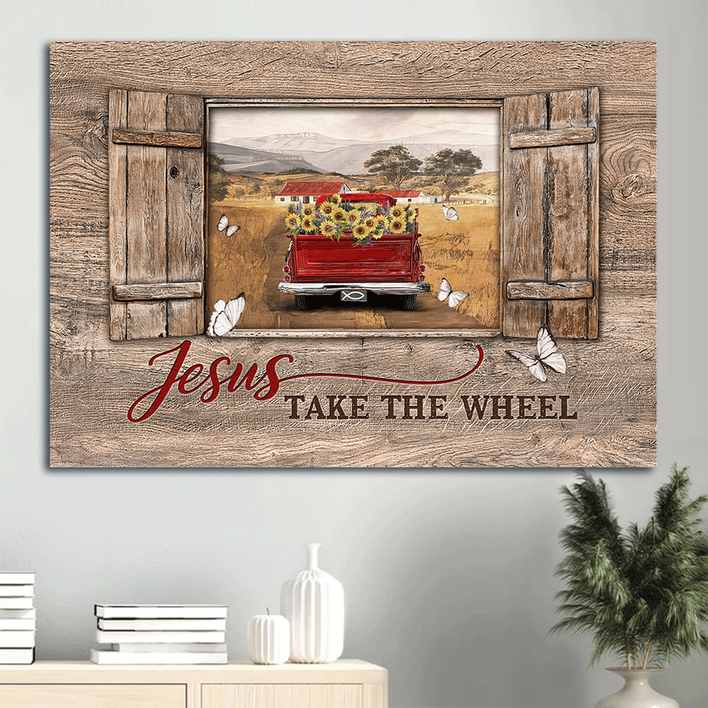 Vintage Jesus Landscape Poster: Red Truck Painting & Countryside Wall Art Gift for Christian Vintage Jesus Landscape Poster: Red Truck Painting & Countryside Wall Art Gift for Christian