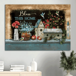 Bless This Home Jesus Landscape Poster - Christian Wall Art Decor with Hummingbird and Vintage Birdhouse