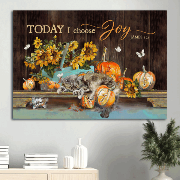 Christian Home Decor Gift: Jesus Landscape Poster with Sleeping Cat and Sunflower Drawing – Joyful  Poster Home Decor Gift Print for Cat Lovers