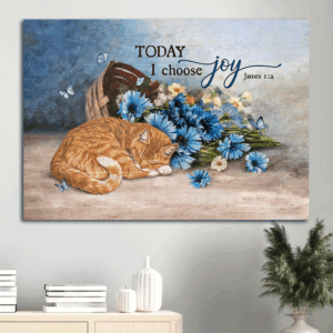 Christian Home Decor Gift: Jesus Landscape Poster with Sleeping Cat Blue Flower & Butterfly - Choose Joy  Poster Home Decor Gift