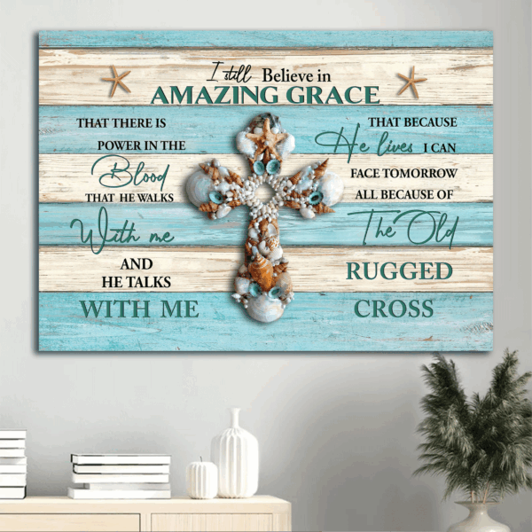 Seashell Cross Jesus Landscape Poster Home Decor – Gift for Christian with Amazing Grace – Wall Art Prints