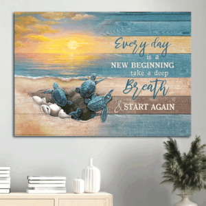 Christian Landscape Poster: Sea Turtle & Sunrise Beach Art for Home Decor - New Beginning Gift