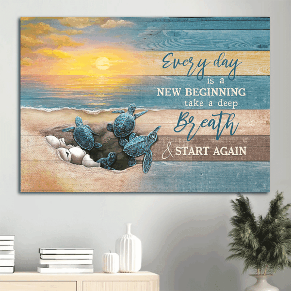 Christian Landscape Poster: Sea Turtle & Sunrise Beach Art for Home Decor – New Beginning Gift