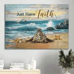 Christian Home Decor Gift: Jesus Landscape Poster with Sea Turtle Starfish and Gull