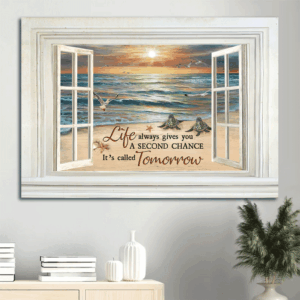 Christian Beach Landscape Poster - Sea Turtle & Seagull Painting Home Decor Gift