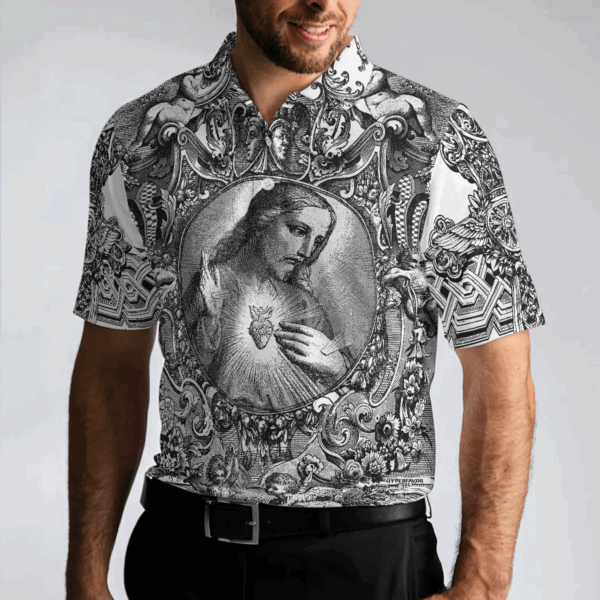 Vintage Jesus Christ Sketch Art Men s Polo Shirt Black & White Christian Tee