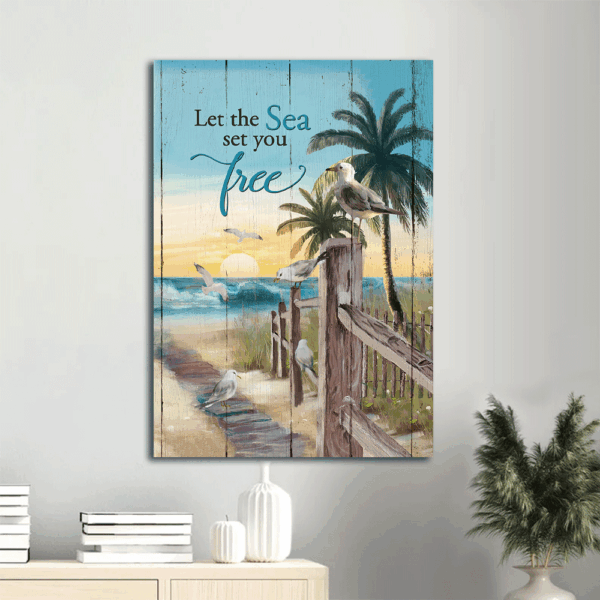 Jesus Portrait Poster: Seagull Painting Sunrise Ocean Palm Tree – Christian Wall Art Home Decor Gift