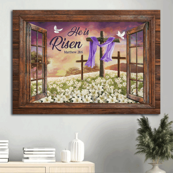 Jesus Landscape Poster Home Decor Gift – White Lily Flower Beautiful Cross Sunset – Gift For Christian – He Is Risen
