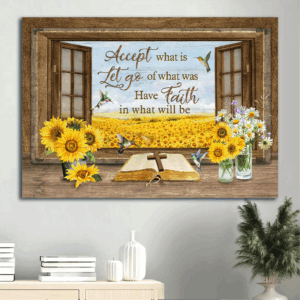 Jesus Landscape Poster Home Decor Gift - Sunflower Cross Hummingbird Field Vase - Christian Faith Wall Art