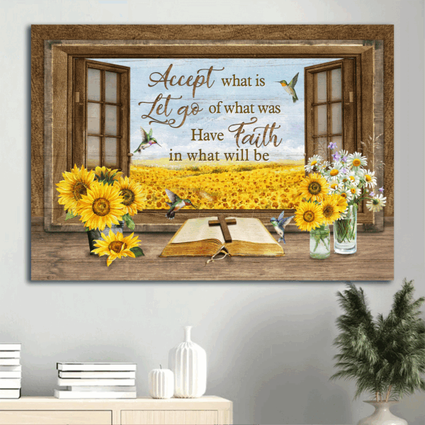 Jesus Landscape Poster Home Decor Gift – Sunflower Cross Hummingbird Field Vase – Christian Faith Wall Art