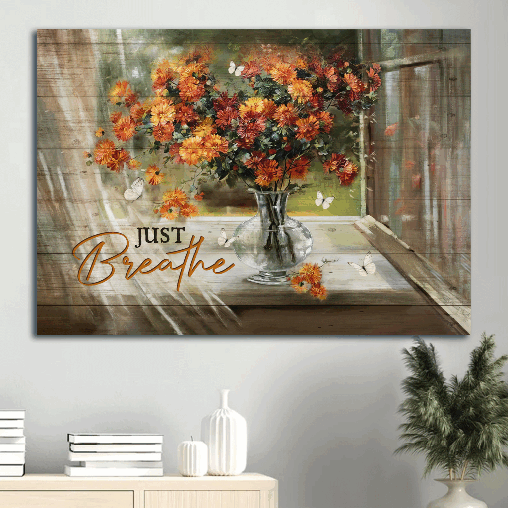 Vintage Flower Painting Jesus Landscape Poster – Christian Home Decor Gift with Daisy Vase and Butterfly – Just Breathe Wall Art Vintage Flower Painting Jesus Landscape Poster – Christian Home Decor Gift with Daisy Vase and Butterfly – Just Breathe Wall Art