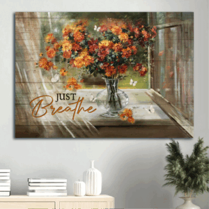 Vintage Flower Painting Jesus Landscape Poster - Christian Home Decor Gift with Daisy Vase and Butterfly - Just Breathe Wall Art
