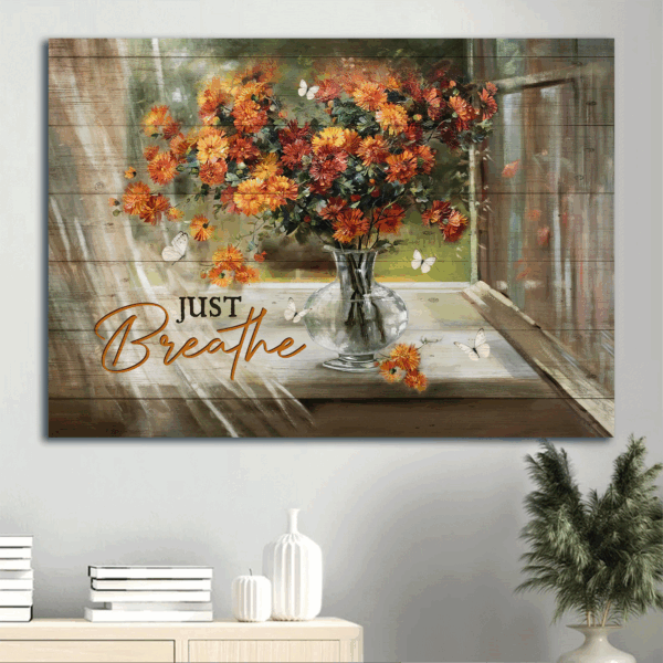 Vintage Flower Painting Jesus Landscape Poster – Christian Home Decor Gift with Daisy Vase and Butterfly – Just Breathe Wall Art
