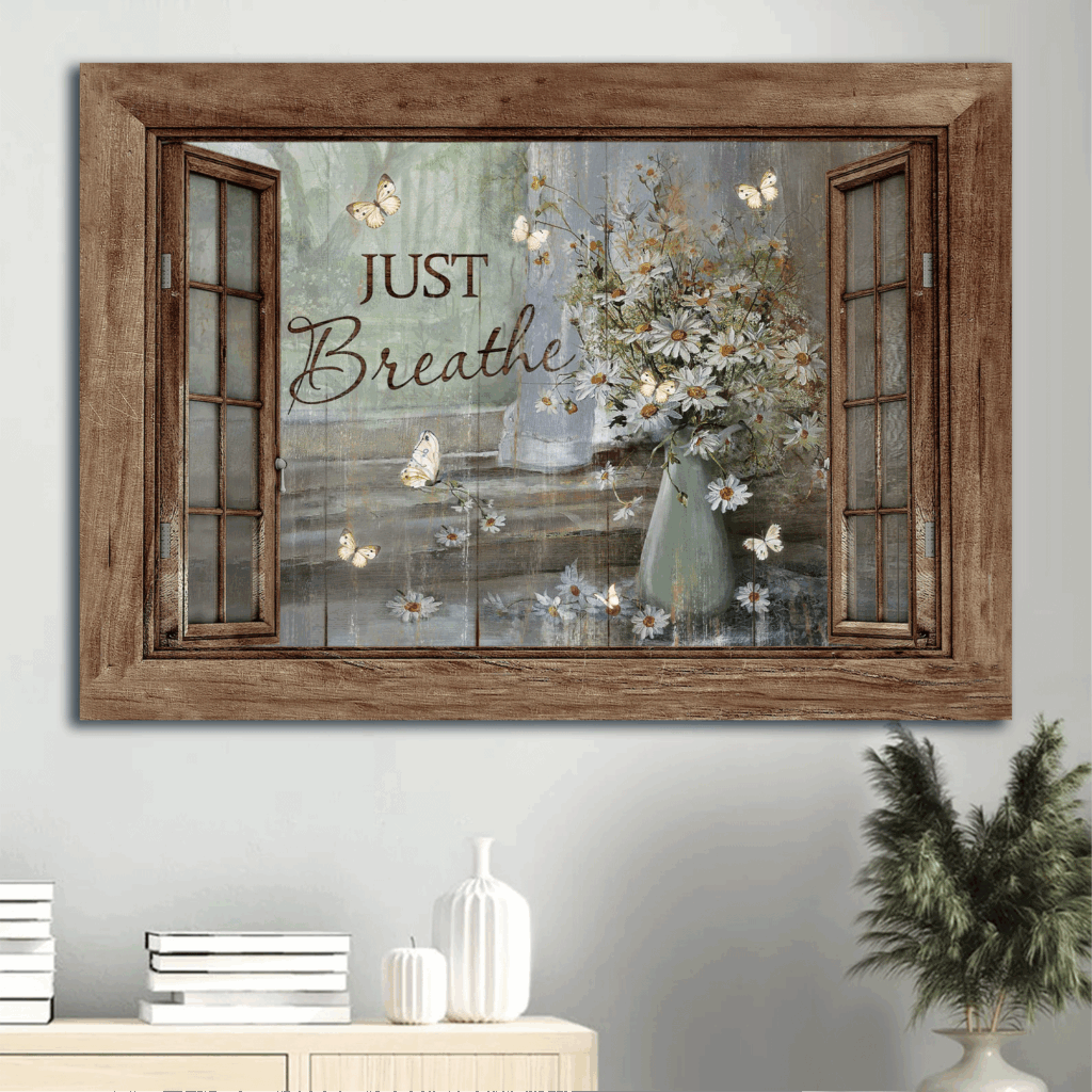 Vintage Flower Vase Window Frame Jesus Landscape Poster – Christian Home Decor Gift with Daisy Flower – Just Breathe Poster Vintage Flower Vase Window Frame Jesus Landscape Poster – Christian Home Decor Gift with Daisy Flower – Just Breathe Poster
