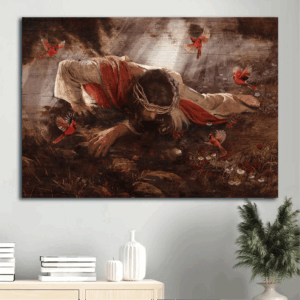 Jesus Landscape Poster Home Decor Gift - Christian Wall Art with Red Cardinal Daisy Flower Crown of Thorns - Gift for Christians