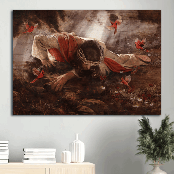 Jesus Landscape Poster Home Decor Gift – Christian Wall Art with Red Cardinal Daisy Flower Crown of Thorns – Gift for Christians