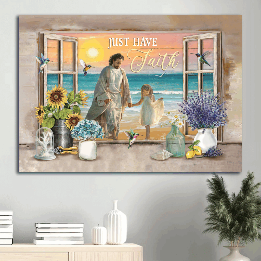 Jesus Landscape Poster Home Decor Gift – Little Girl Holding Hands with Jesus Ocean View – Perfect Gift for Christian Faith – Just Have Faith Jesus Landscape Poster Home Decor Gift – Little Girl Holding Hands with Jesus Ocean View – Perfect Gift for Christian Faith – Just Have Faith