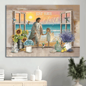 Jesus Landscape Poster Home Decor Gift - Little Girl Holding Hands with Jesus Ocean View - Perfect Gift for Christian Faith - Just Have Faith