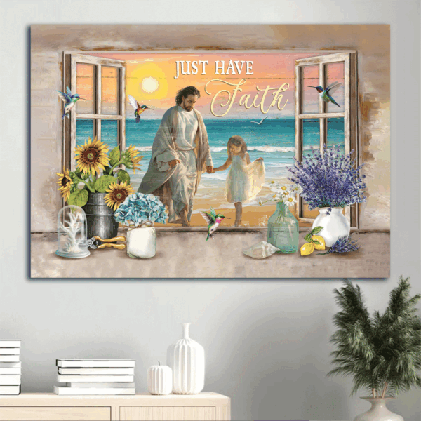 Jesus Landscape Poster Home Decor Gift – Little Girl Holding Hands with Jesus Ocean View – Perfect Gift for Christian Faith – Just Have Faith