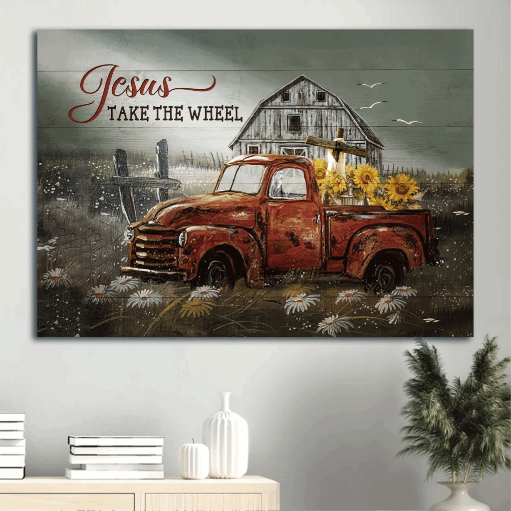 Jesus Landscape Poster: Christian Home Decor Gift – Old Ladybug Car Sunflower Drawing Jesus Landscape Poster: Christian Home Decor Gift – Old Ladybug Car Sunflower Drawing
