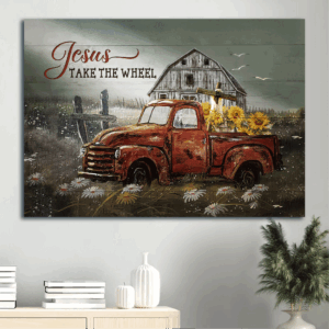 Jesus Landscape Poster: Christian Home Decor Gift - Old Ladybug Car Sunflower Drawing