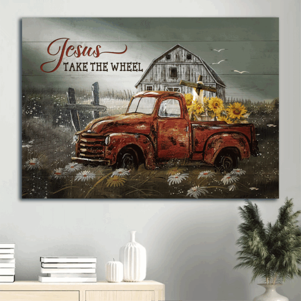 Jesus Landscape Poster: Christian Home Decor Gift – Old Ladybug Car Sunflower Drawing