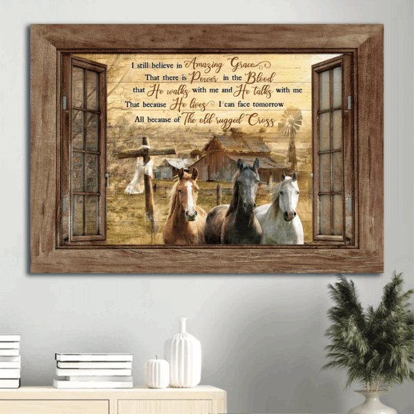 Jesus Landscape Poster – Old Barn & Horse Painting Christian Gift – Amazing Grace Decor