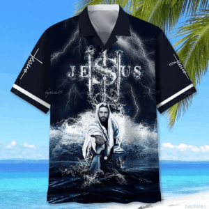 Men s Jesus Beach Show Hand Hawaiian Shirt - Full Size Short-Sleeve