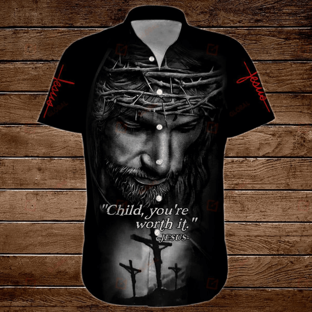Child s Christian Hawaiian Shirt: You re Worth It Jesus 3D Shirt Child s Christian Hawaiian Shirt: You re Worth It Jesus 3D Shirt