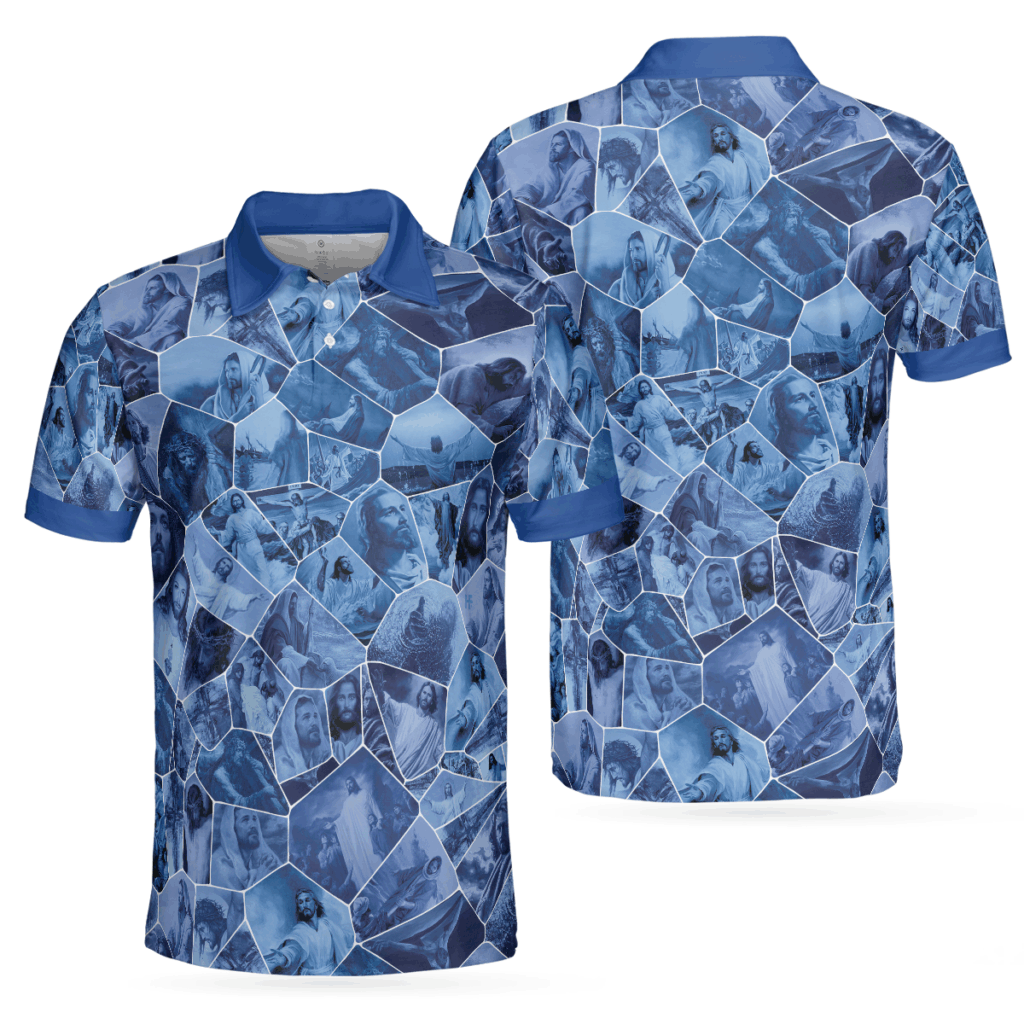 Holy Blue Stained Glass Polo Shirt, Blue Jesus Gallery Polo Shirt, Best Christian Shirt For Men Holy Blue Stained Glass Polo Shirt, Blue Jesus Gallery Polo Shirt, Best Christian Shirt For Men