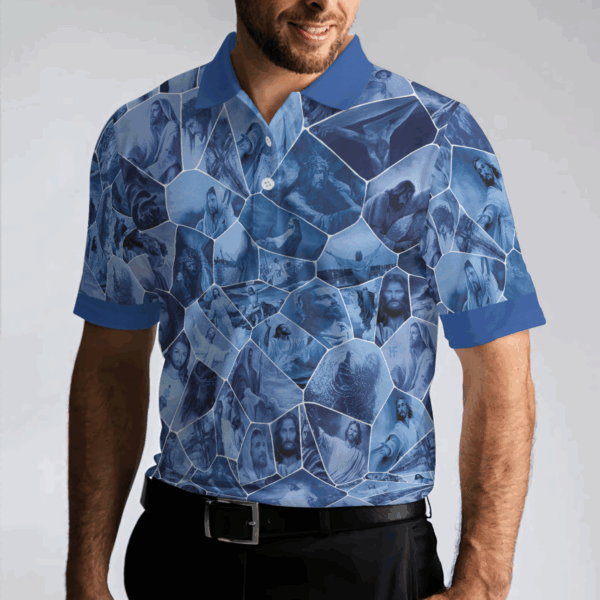 Holy Blue Stained Glass Polo Shirt, Blue Jesus Gallery Polo Shirt, Best Christian Shirt For Men