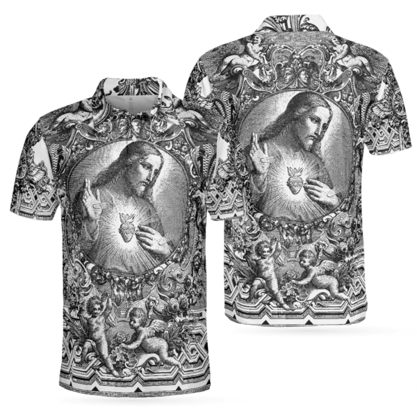 Jesus Christ Vintage Sketch Art Christian Polo Shirt, Black And White Christian Shirt For Men