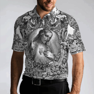 Jesus Christ Vintage Sketch Art Christian Polo Shirt, Black And White Christian Shirt For Men 1