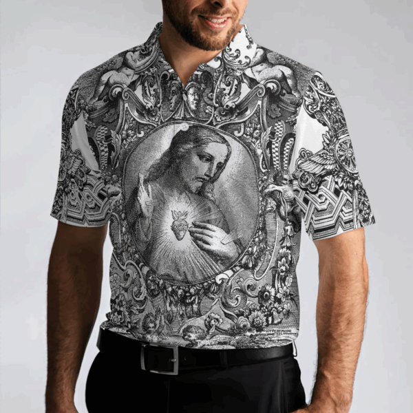 Jesus Christ Vintage Sketch Art Christian Polo Shirt, Black And White Christian Shirt For Men