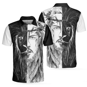 Jesus Christ Lion Contrast Art Christian Polo Shirt, Black And White Christian Shirt For Men