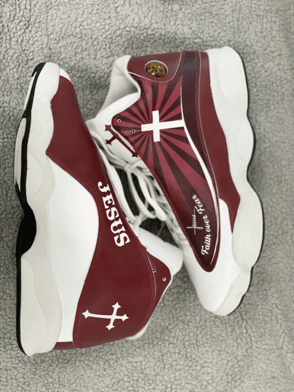 Faith Over Fear Jesus Basketball Shoes Red Design Thick Soles Perfect Gift for Christian Basketball Fans – Unisex Christian Shoes