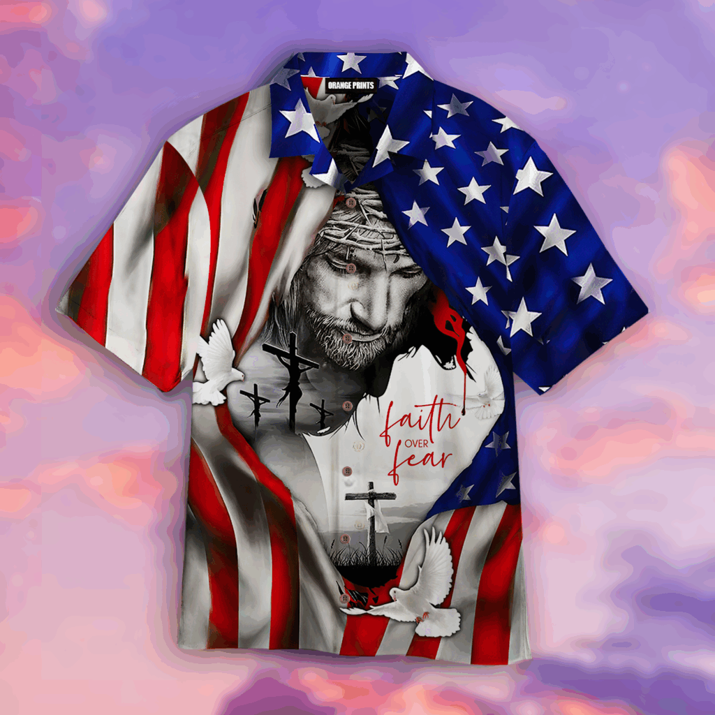 Faith Over Fear Jesus Hawaiian Shirt with American Flag Design Trendzonetee Faith Over Fear Jesus Hawaiian Shirt with American Flag Design Trendzonetee