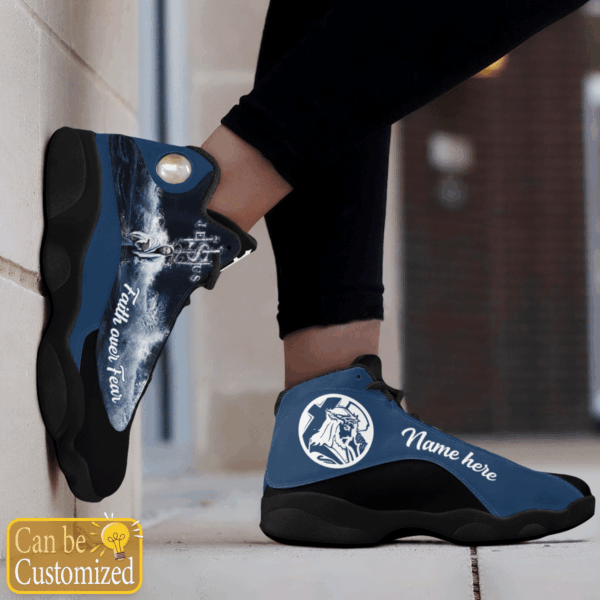 Jesus Faith over Fear custom name Air Jordan 13 Shoes Blue and Black – Gift for Men Women