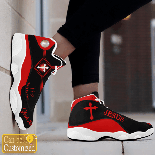 Jesus Basic Walk by Faith custom name Air Jordan 13 Shoes Black and Red – Gift for Men Women